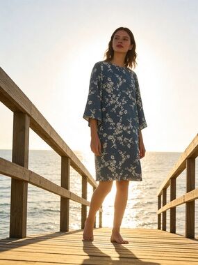 GP & JBAKER x H&M Teal Delicate Floral Pattern 3/4 Sleeve Round Neck Shift Dress